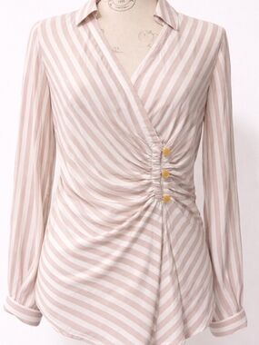 Anthropologie Maeve Blush Pink and White Striped Top with Orange Pom Trim